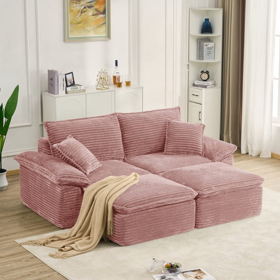 Aukfa 81" Oversized Modular Sectional Sofa, Corduroy Upholstered Cloud Couch with Two Ottomans, Deep Seat Comfy Sofa Set for Living Room, Pink