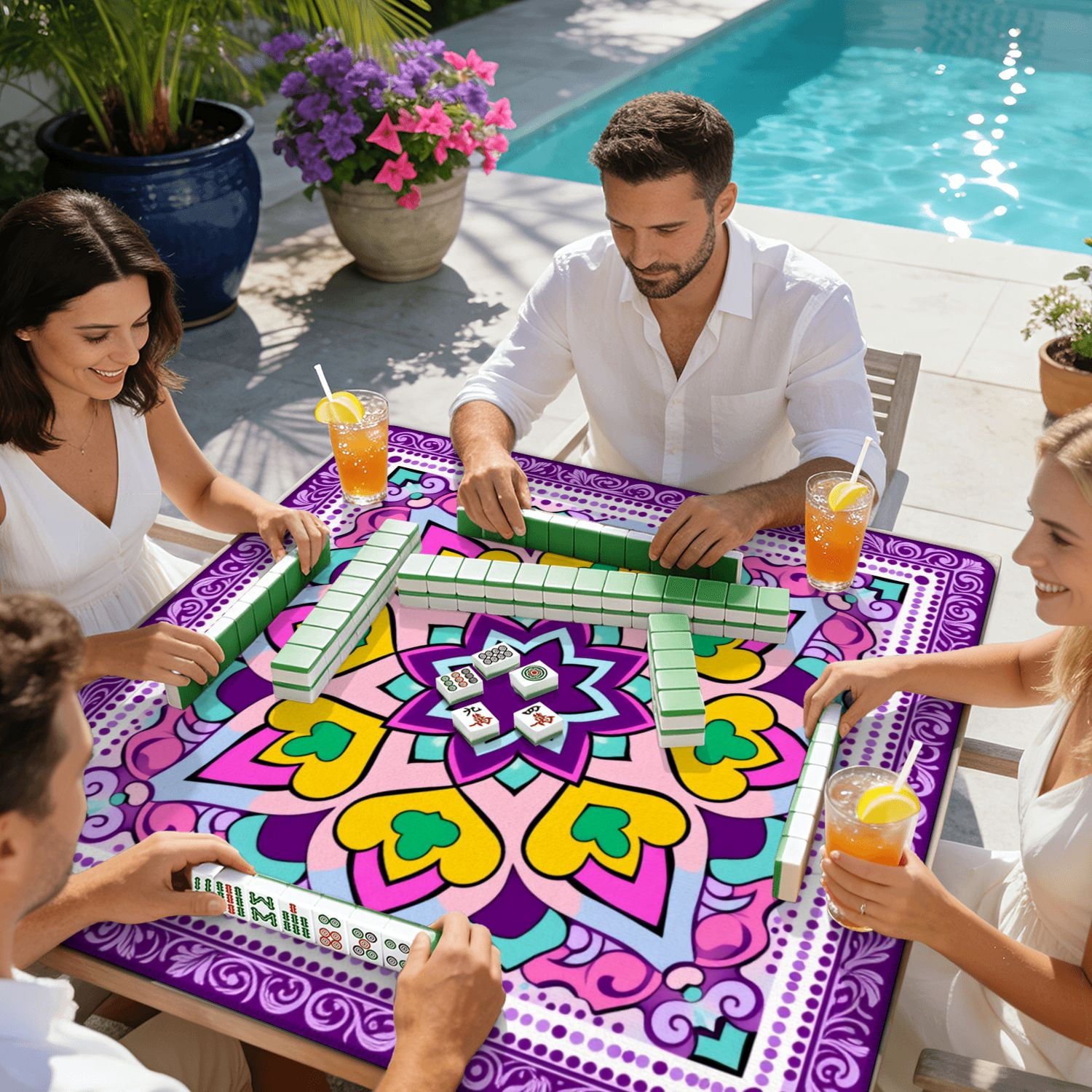 Mahjong Mat 31.5" x 31.5" Colorful Heart Floral Mandala Purple Pink Tones Non-Slip Noise Reduction American Mahjong Tiles Table Cover for Dominoes Poker Card Board Games Gift