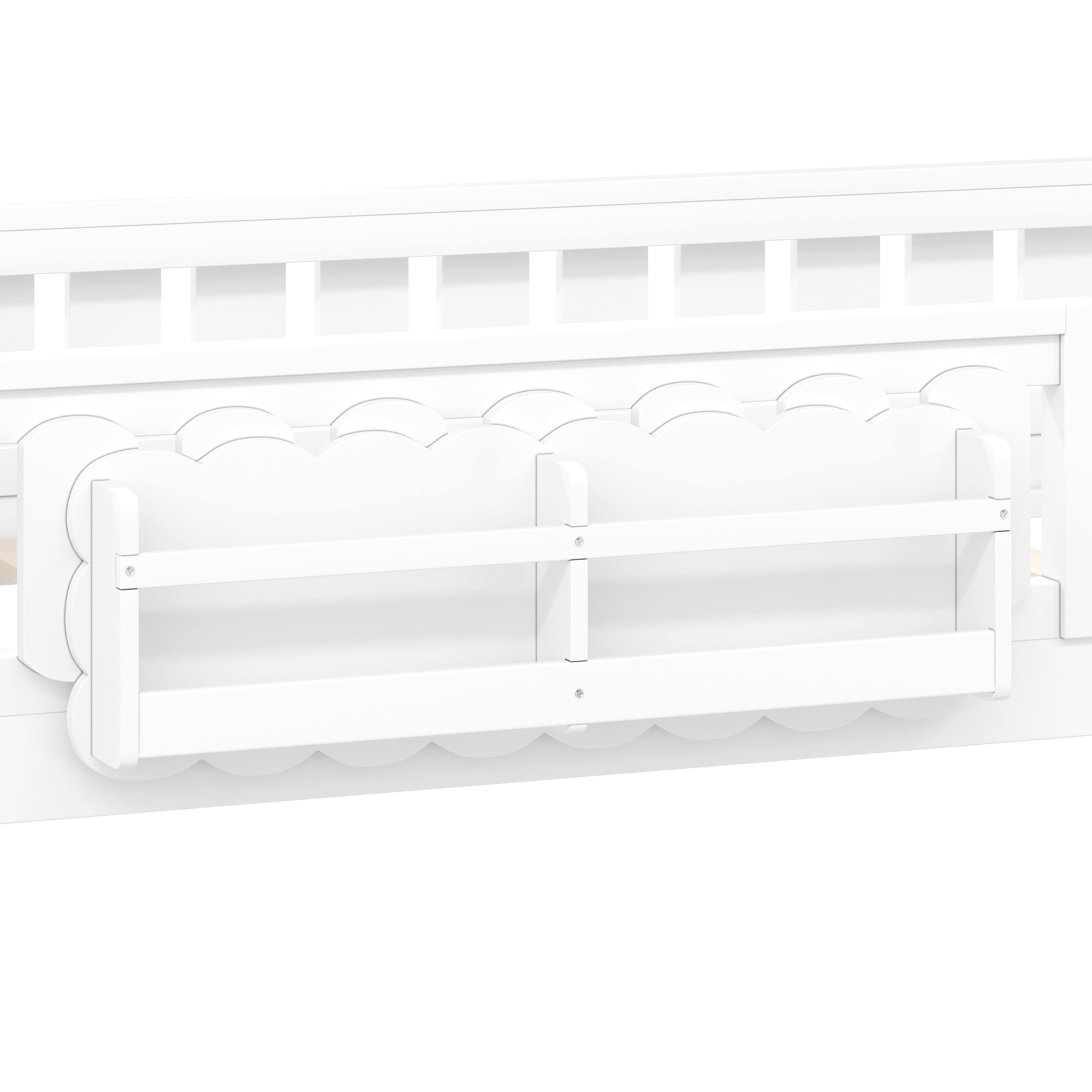 Euroco Wood Twin Size Platform Bed with Shelves, Floor Bed with Guardrails, White