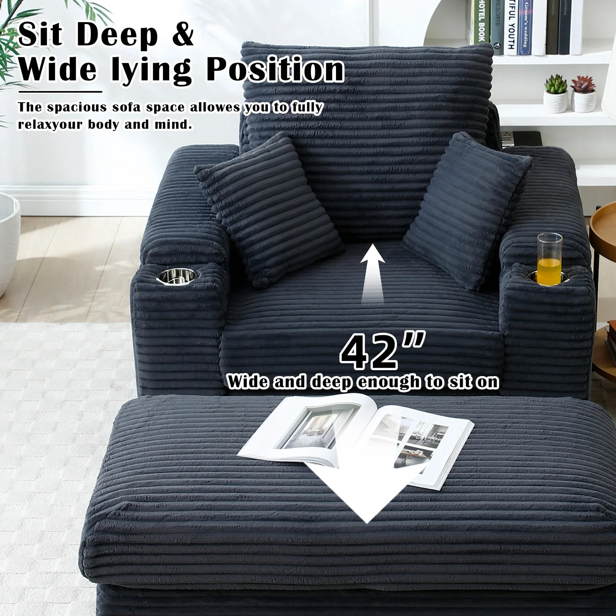 Aukfa Oversized Chaise Lounge Indoor Chair with 2 Cupholders, Storage Ottoman, 3 Pillows, Gray
