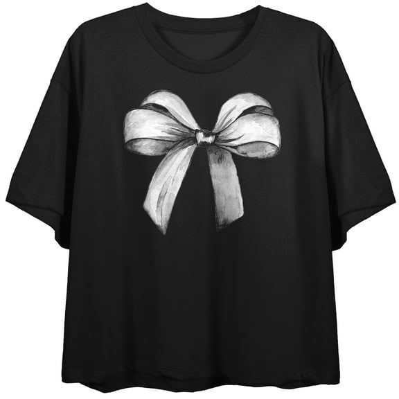 Watercolor White Large Bow Women's Black Cropped Tee-Medium