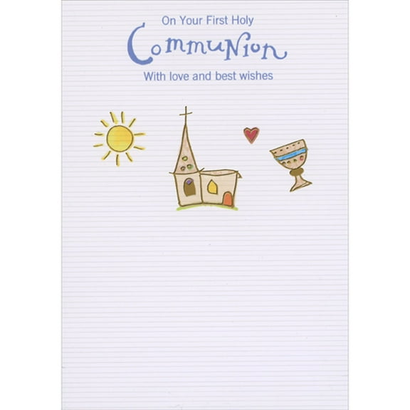 Designer Greetings Gold Foil Outlined Small Sun, Church, Heart and Chalice on White 1st / First Communion Congratulations Card
