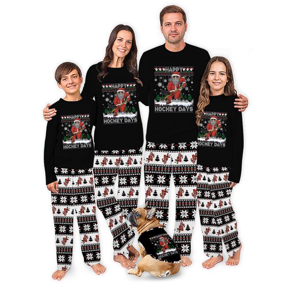 Hockey Day Christmas Matching Family Pajamas With Dog, Hockey Santa Player Holiday Pjs, Size NB to Men 6XL