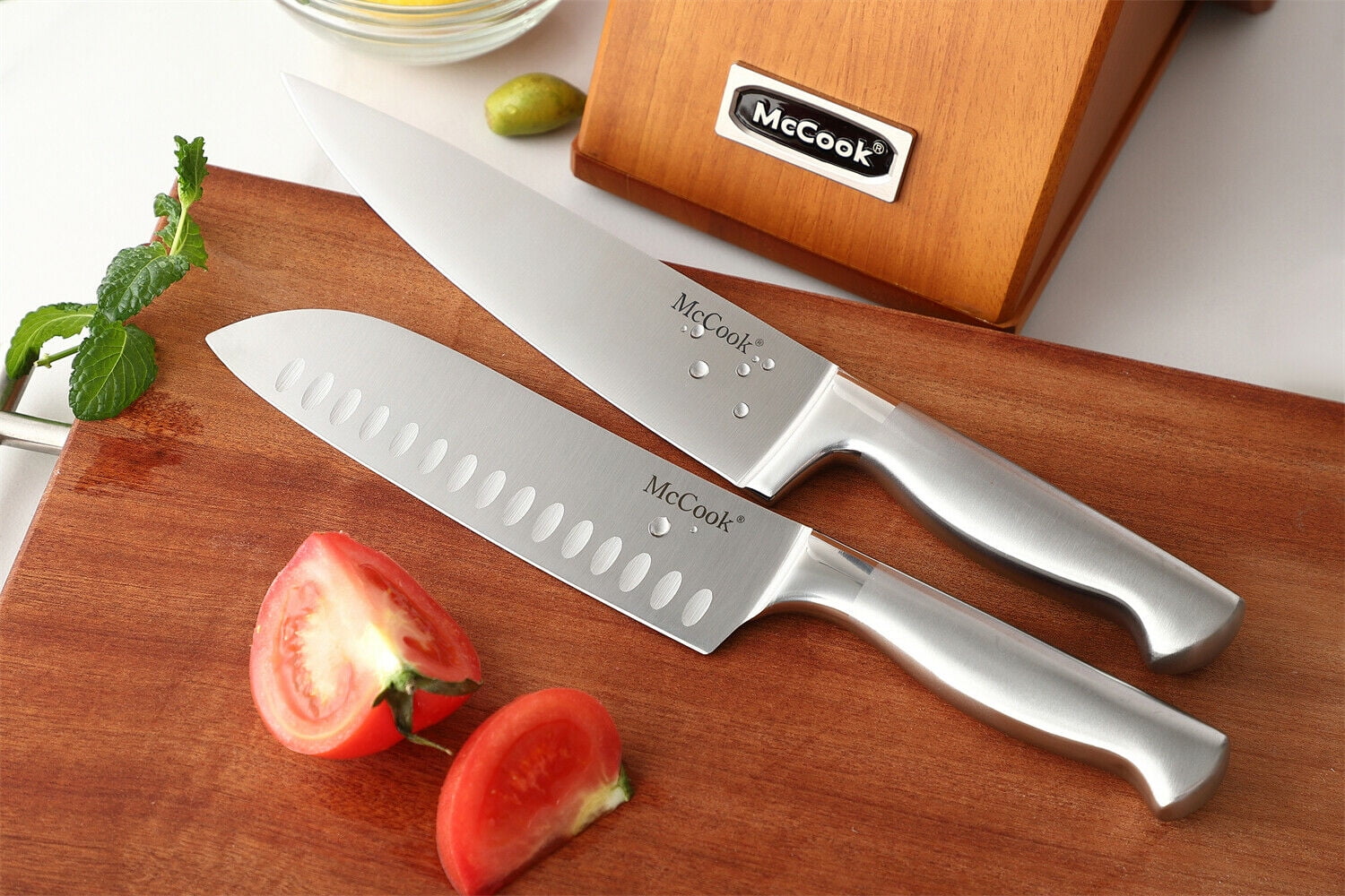 McCook® MC21GB Knife Sets + MCW12 Bamboo Cutting Board(Large, 17x12x1)  MC59B Steak Knives Set of 6