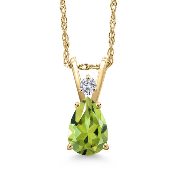 Gem Stone King 14K Yellow Gold Green Peridot and Lab Grown Diamond Pendant Necklace for Women | 0.70 Cttw | Gemstone August Birthstone | Pear Shape 7X5MM | With 18 inch Chain