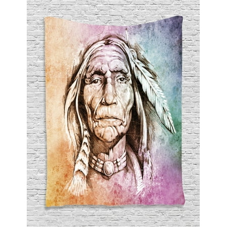 Native Americans Feathers - Native American Decor Wall Hanging Tapestry, Portrait Of Indian Chief With Ethnic Feather Band Watercolor Style Image Art Print, Bedroom Living Room Dorm Accessories, By Ambesonne