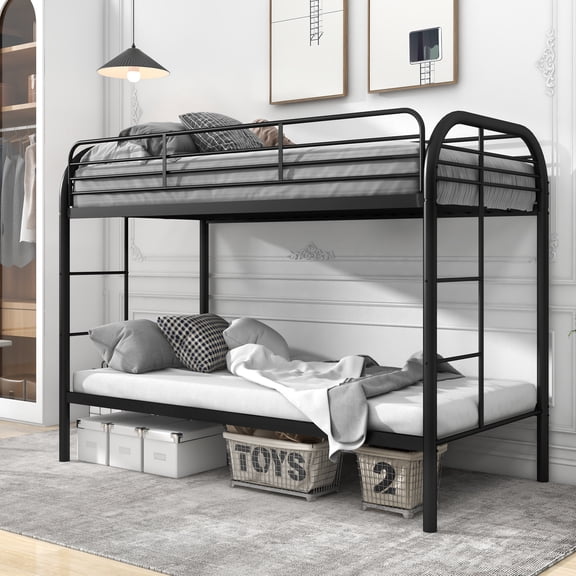 Twin over Twin Metal House Bunk Bed Black Cold‑Rolled Steel Full Length Guardrails & Wide Ladder 198.5x104.5x152 cm