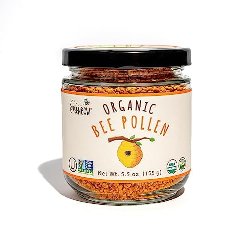 Polen de abeja orgánico Greenbow - 100% orgánico certificado por USDA, sin OGM, certificado Halal, Kosher, puro y natural - Superalimento repleto de proteínas, vitaminas y minerales - Sin gluten - 155