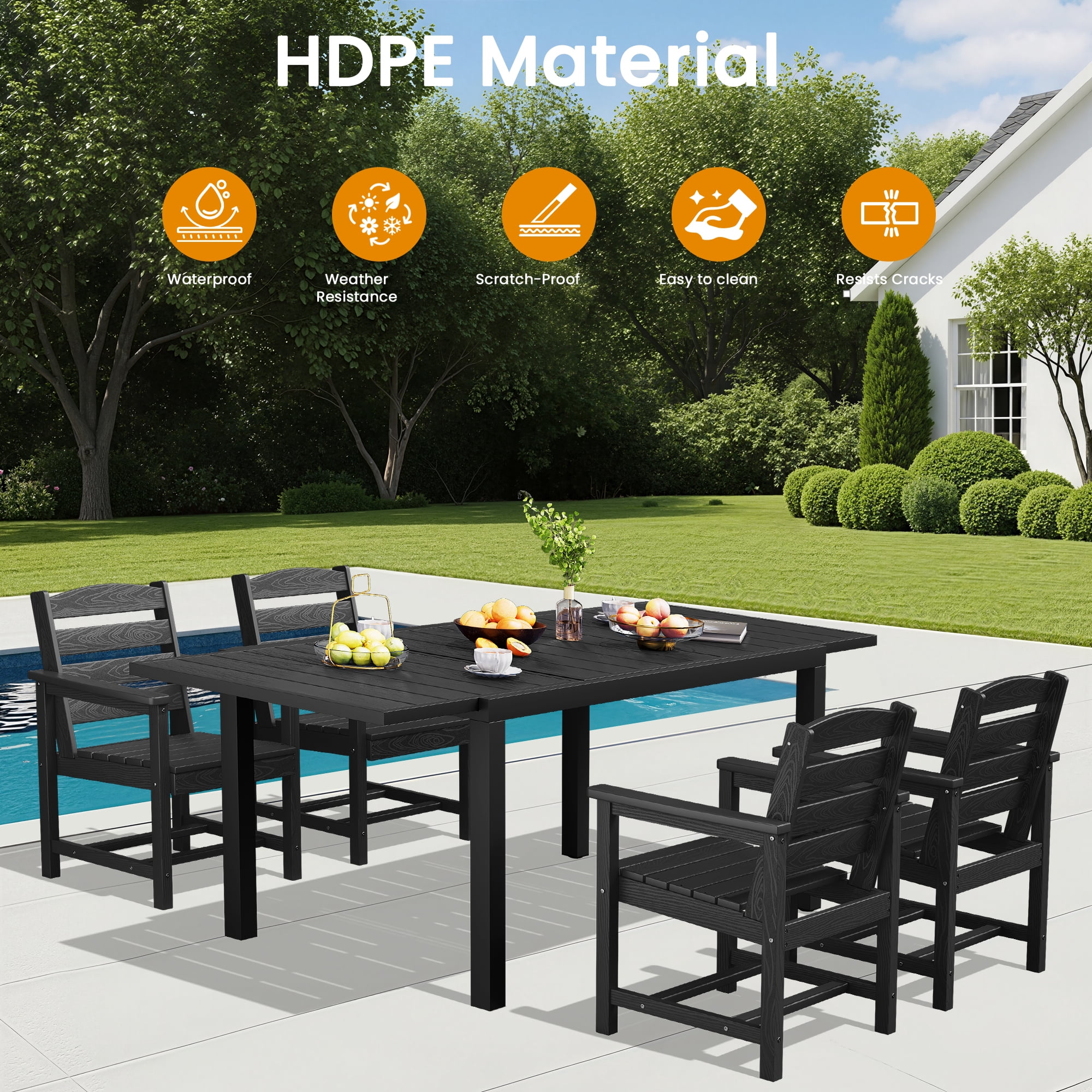 LOYALICE 9PC Expandable Outdoor Dining Set,Aluminum Expandable Patio Dining Table with 8 HDPE Chairs,Weather-Resistant Patio Furniture Set,Black
