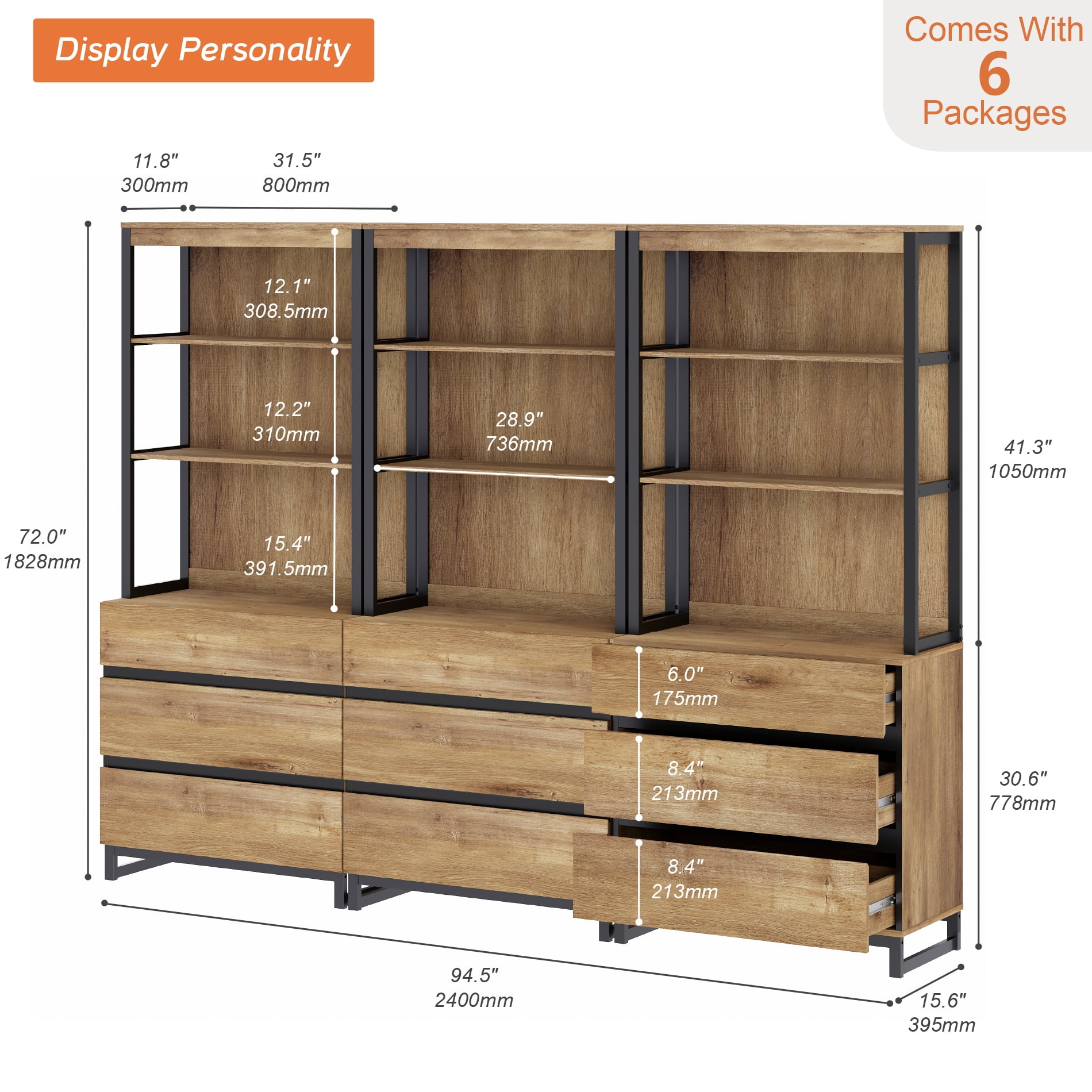 WAMPAT 3-Piece Modern 72" Tall Freestanding Bookcase，9 Drawers, Open Shelves & Storage Cabinet with Metal Base，Wood Library Bookshelf for Home Office & Living Room