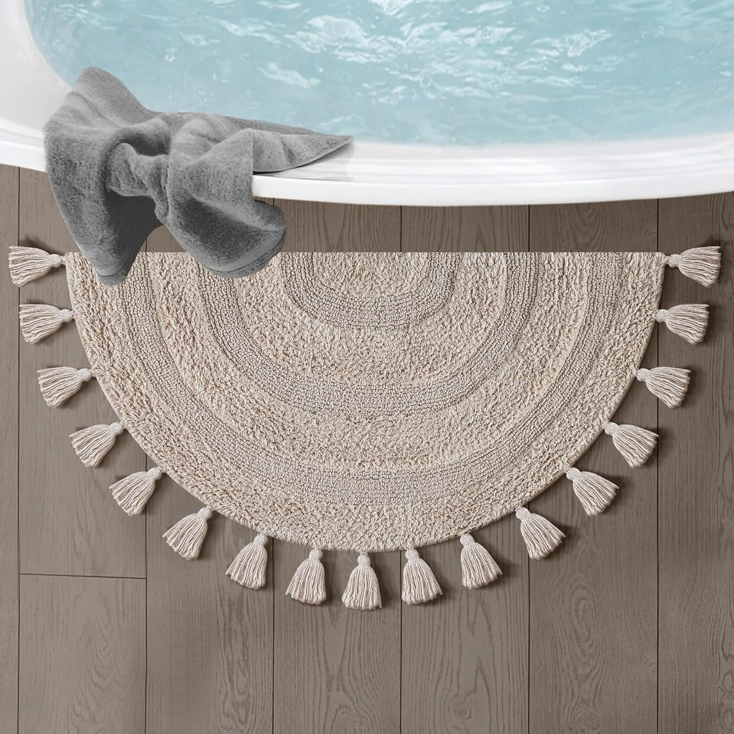 Savi Home Cotton Half Circle Bath Mat with Anti-Skid Backing, Beige, 22" x 36"