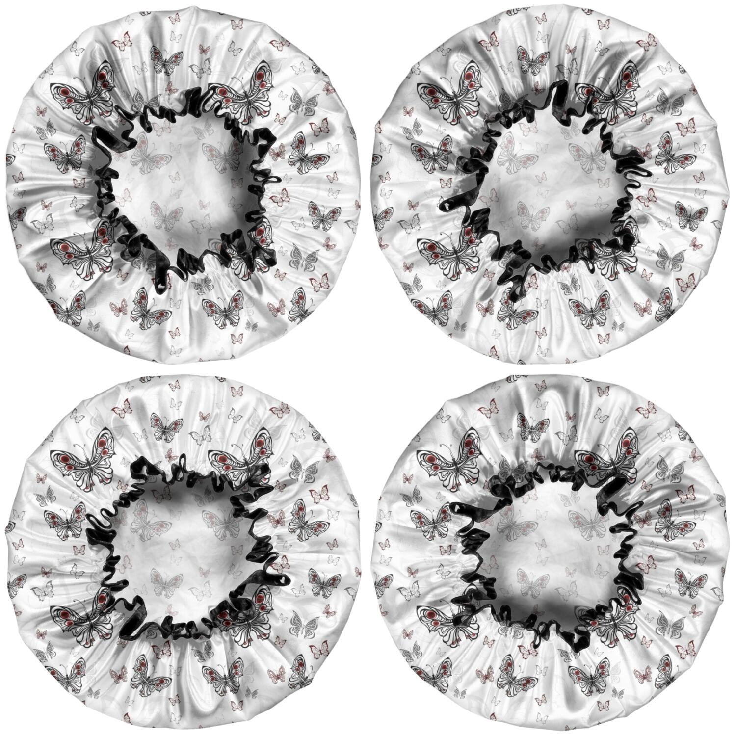 Shower Caps,Black White Butterfly Pattern Waterproof Shower Cap for Women 4 Pieces,Double Reusable Hair Cover for Shower PEVA Elastic Stretch Hem