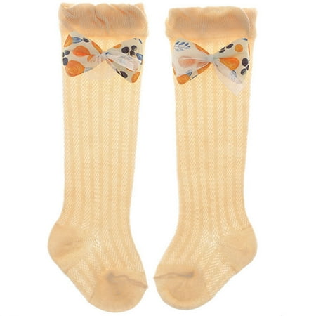 

Infant Baby Girls Summer Thin Over Knee Socks Cute Floral Print Bowknot Ruffled Trim Hollow Out Mesh Lace Long Stockings