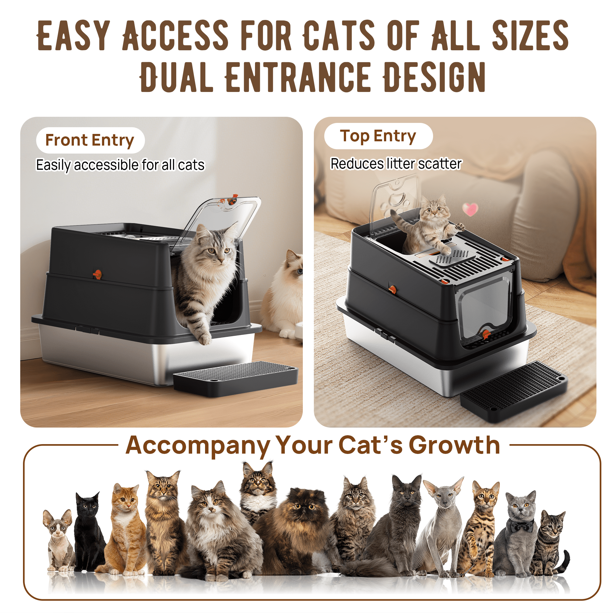 Stainless Steel Litter Box: Enclosed Cat Litter Box with Flip Lid Self Cleaning and High Sided Top Entry Design, XL Extra Large Metal Kitty Litter Pan Tray for Big Cats, Built-In Carbon Filter Pouch