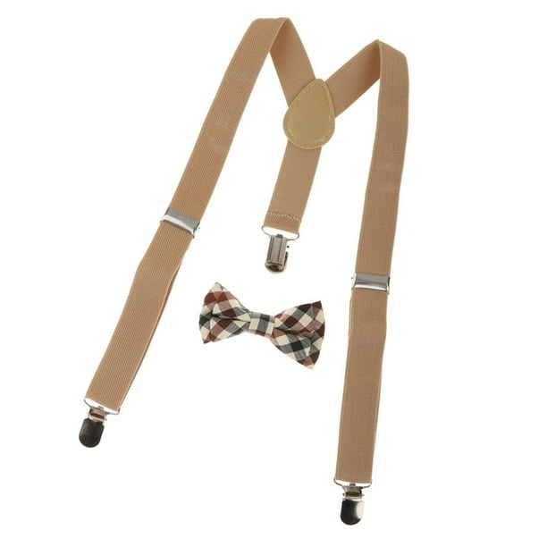 Conjunto de tirantes elásticos con espalda en Y para niños, con pajarita a cuadros y cierre de clip, unisex Marrón