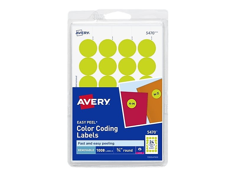 Avery Easy Peel Laser Color Coding Labels 3/4" Dia. Neon Yellow 24