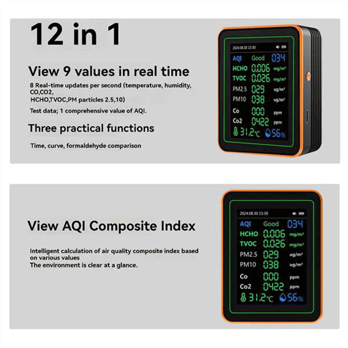 Air Quality Detector 12 in 1 Air Quality Tester Temperature Humidity Meter CO/CO2/HCHO/TVOC//PM2.5/PM10 White,1 x 12 in 1 Air Quality Monitor 1 x Bracket,White