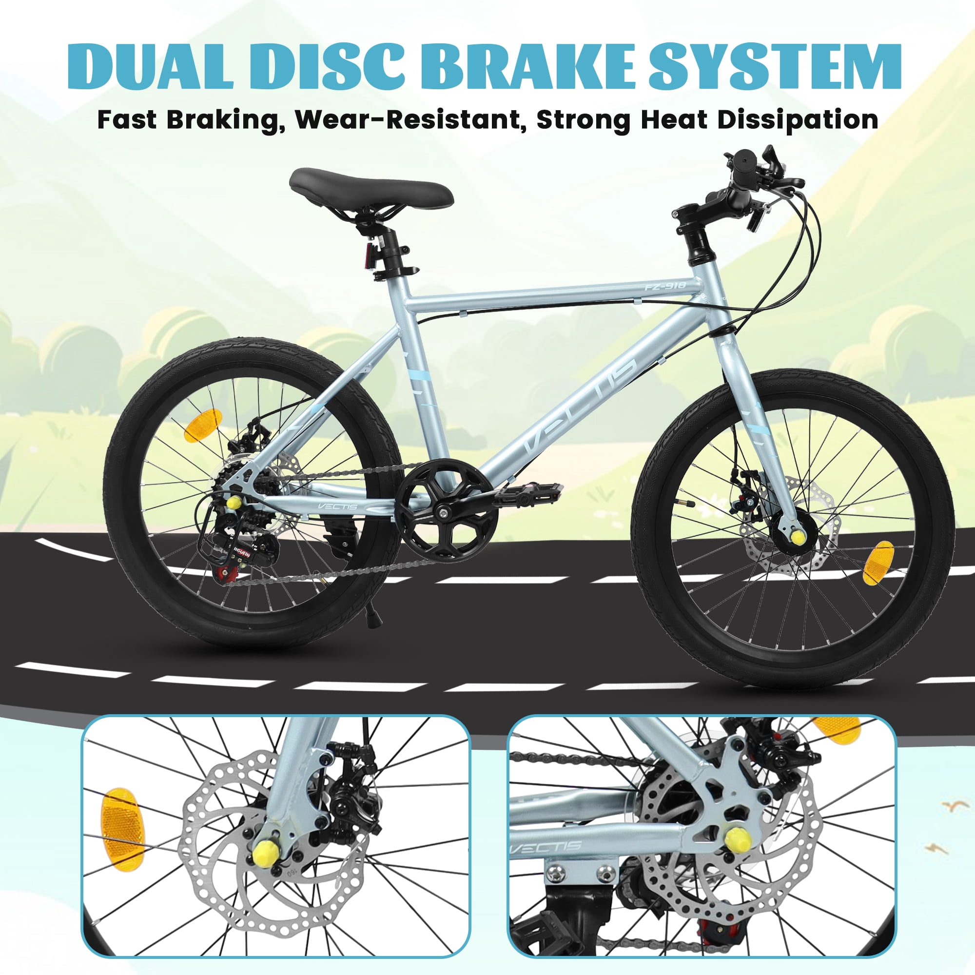 Aukfa 20" Kids Bike for Boys Girls,7-Speed Steel Frame,Dual Disc Brakes,Blue Silver