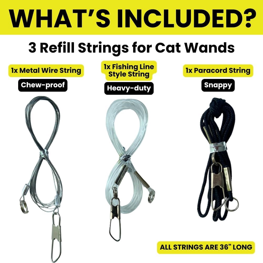 3-Pack Cat Toy Wand Replacement Strings, Chew Proof Metal Wire Nylon Fishing Line Refill for Cat Stick Toy