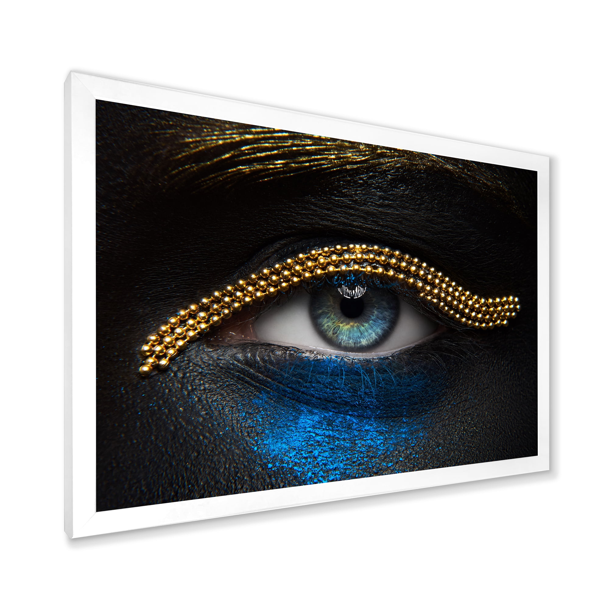 Designart 'Girl Eyes With Gold Chain and Blue Pigment' Modern Framed Art Print