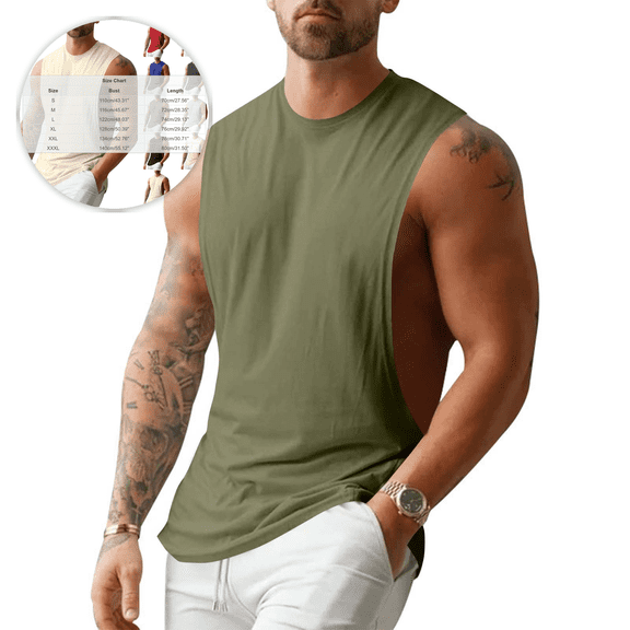 BELTNOV Men's Workout Tank Top Casual Sleeveless Moisture-Wicking Muscle Shirts Breathable Drop Arm Open Side Round Neck Shirt for Gym Running Beige