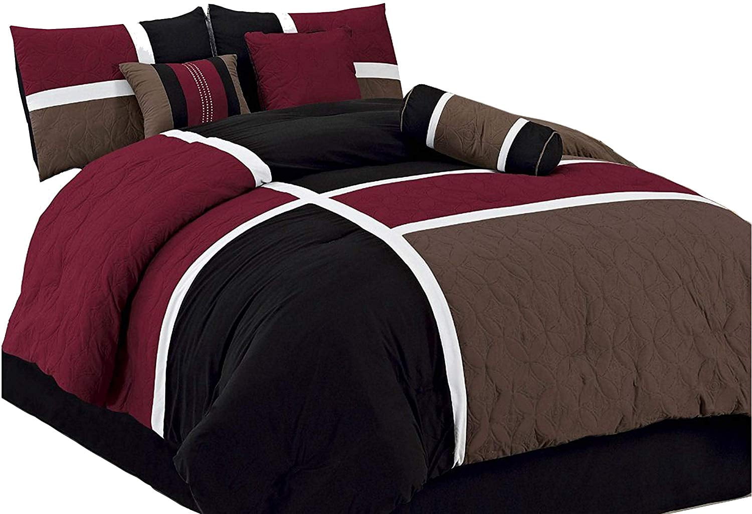 Chezmoi Collection 7-Piece Medallion Patchwork Comforter Set, King, Burgundy/Brown/Black