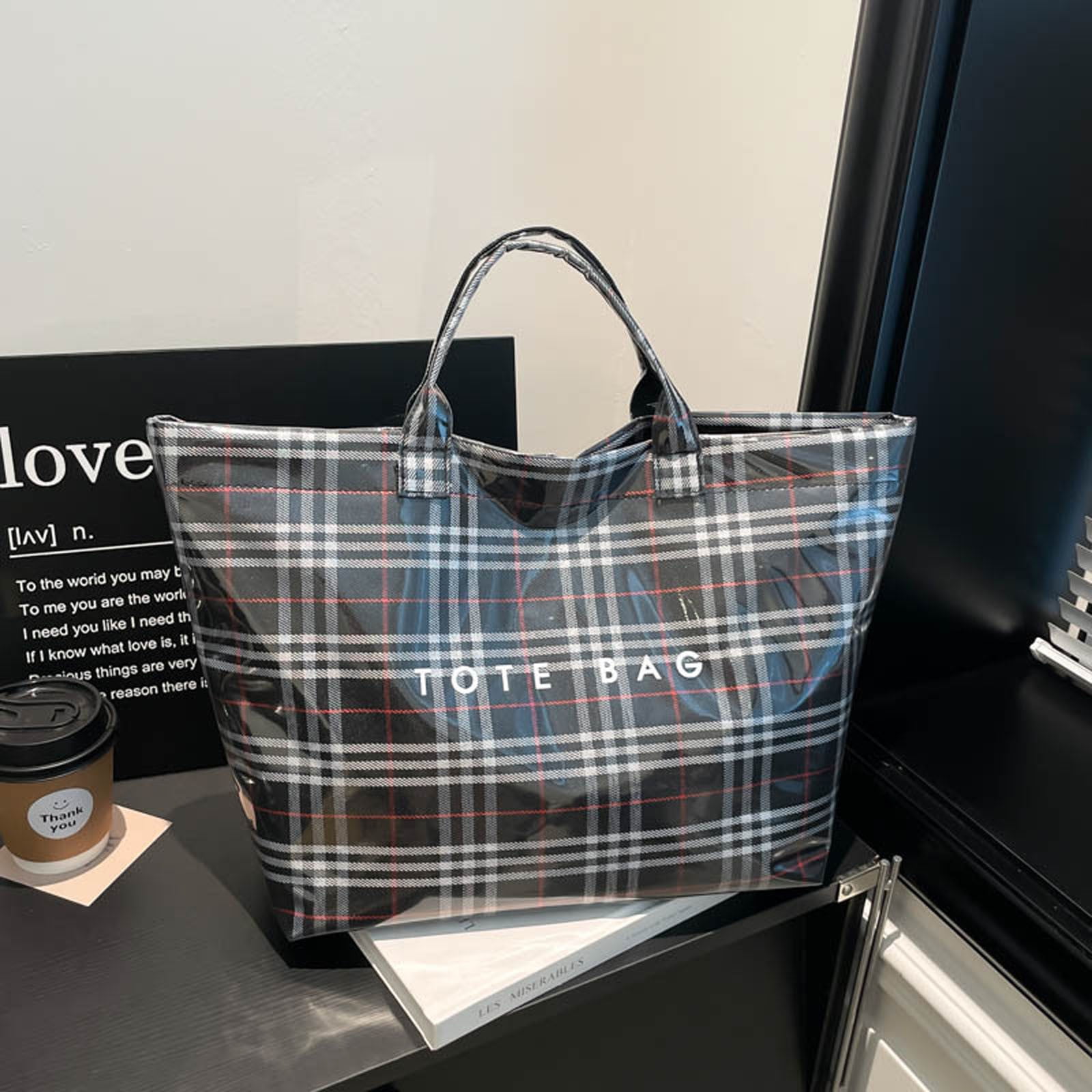 Comefolife Christmas Black Plaid PVC Tote Bag for Women Vintage Christmas Buffalo Check Tote Bag Plastic Handbag
