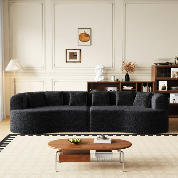 SEENYOO 106.3" Boneless Couch, Sectional for Living Room, Curved 4-Seater Cloud Style, 6 Pillows & Memory Foam Deep Seat, Chenille Upholstery, Black