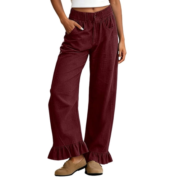 AJGRHE Wide Leg Jeans for Women Stretch High Wasited Baggy Trendy Denim Jean Ruffle Hem Pants L