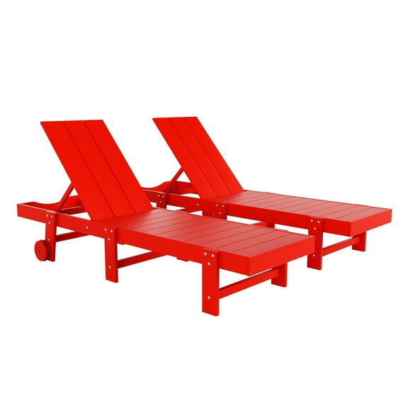 Modern Poly Reclining Chaise Lounge With Wheels (Set Of 2), Red