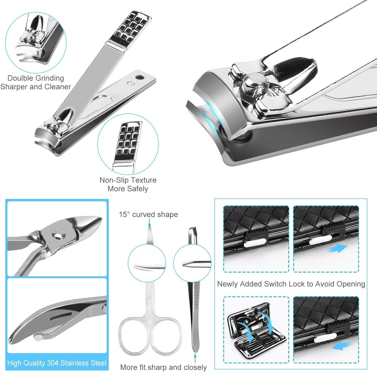 Rongsi Manicure Set 19 in 1 Nail Clippers, Stainless Steel Professional Grooming Kits, Nail Care Tools Pedicure kit with Luxurious Travel Case (Black)
