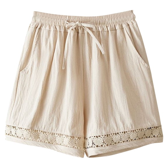 Women's Summer Shorts Lace Hollow-out Plus Size Wide Leg Elastic Waist Lounge Beach Boho Short with Pockets (XL, Beige)