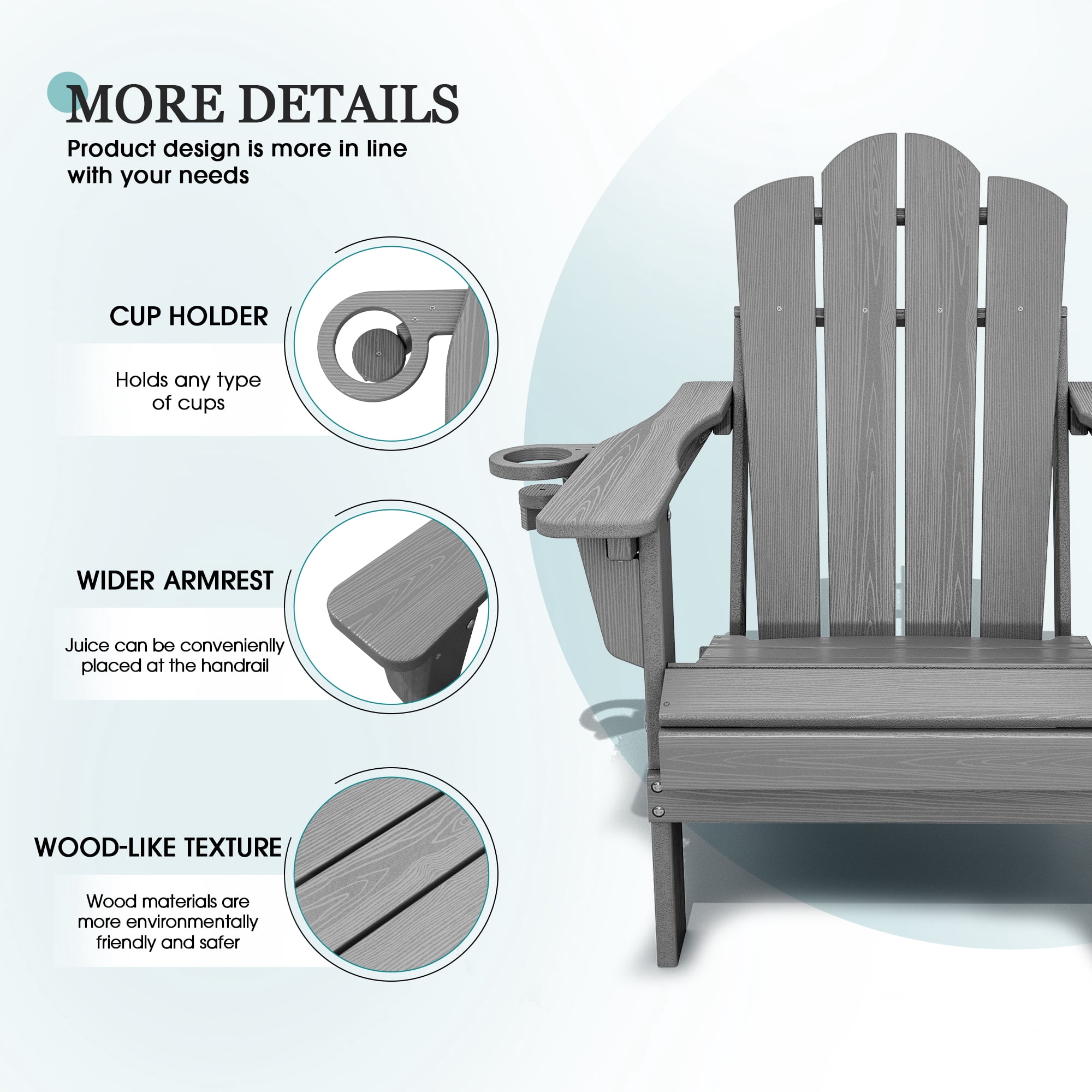 KINGYES Folding Adjustable Adirondack Chair, All Weather Use Reclining Adirondack Chair, HDPE Adirondack Outdoor Chair - Grey