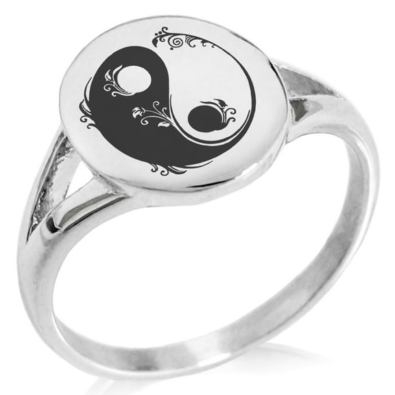 Stainless Steel Floral Yin Yang Minimalist Oval Top Polished Statement Signet Ring