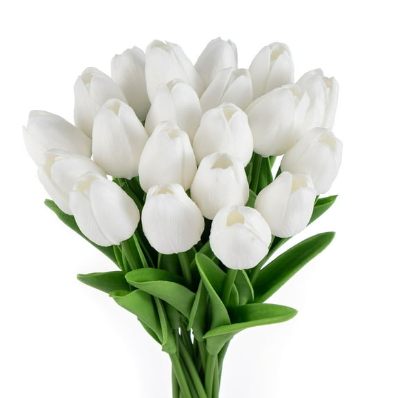 20pcs White Flowers Artificial Tulip Silk Fake Flowers 13.5" for Mother's Day Easter Valentine’s Day Gifts in Bulk Home Kitchen Wedding Decorations