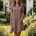 thumbnail image 5 of Fesfesfes Summer Casual Collared Button Down Dress,Women's Short Sleeve Loose Fit Shirt Dress,Washed Wrinkled Dress with Side Pockets, Relaxed Fit Daily Wear Beach Dress, 5 of 6