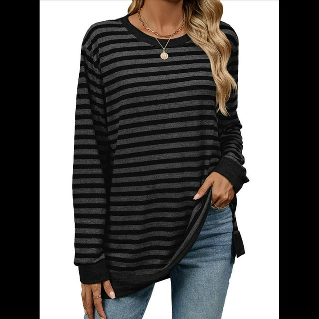 Camisa Informal de Larga A Rayas para Mujer, , con Cuello Redondo, Ajustada, Holgada, Básica Gris Oscuro Negro M