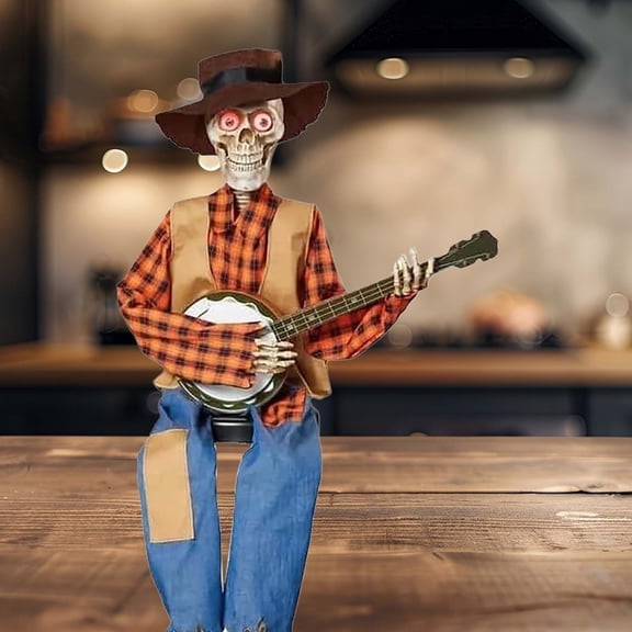 Clearance Under $12 Dueling Banjo Skeleton with Light Up Eyes, Animated Halloween Figurine for Party Decor