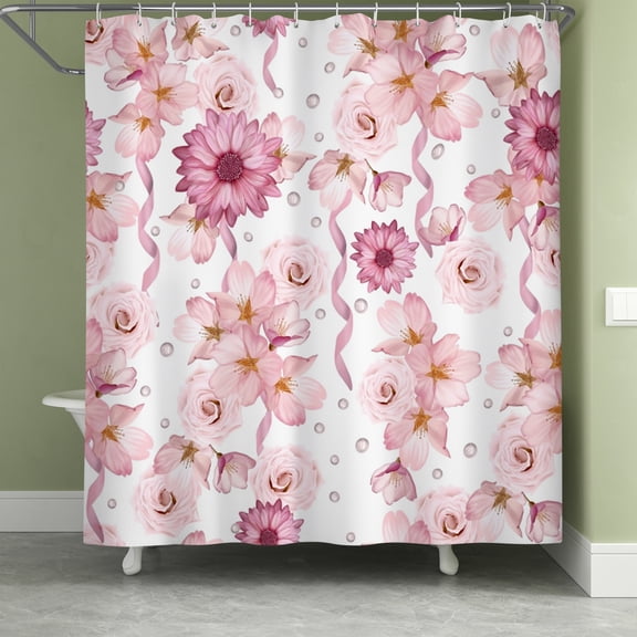 Lfeey Pink Watercolor Floral Waterproof Shower Curtain, Spring Bathroom Curtain with Hooks, 72x72 in