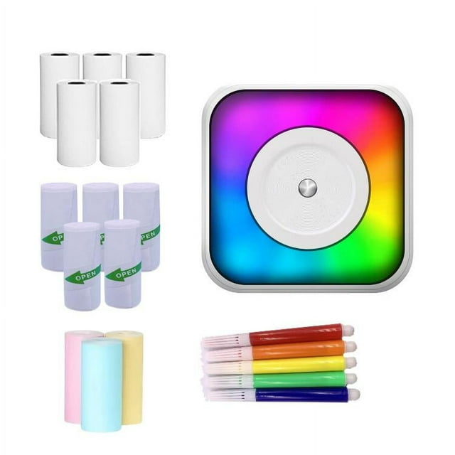 TFixol Portable Thermal Mini Printer with LED Lights, M1 Student-Friendly Pocket Printer, Includes 5 Thermal Rolls, 5 Sticker Rolls, 3 Color Papers, and 5 Crayons, White C31 Model