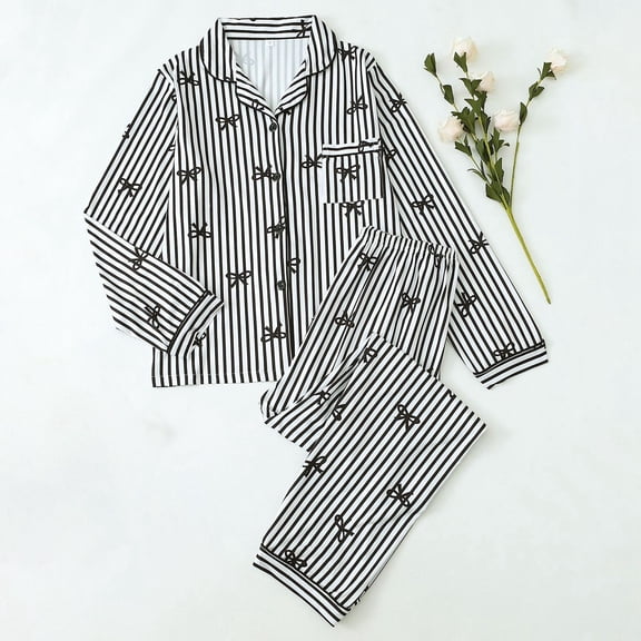 Cute Pajama Sets for Women Button Bow Print Long Sleeve Top And Pant Pj Set Soft Sleepwear 2 Piece Outfits Loungewear Sets Black L