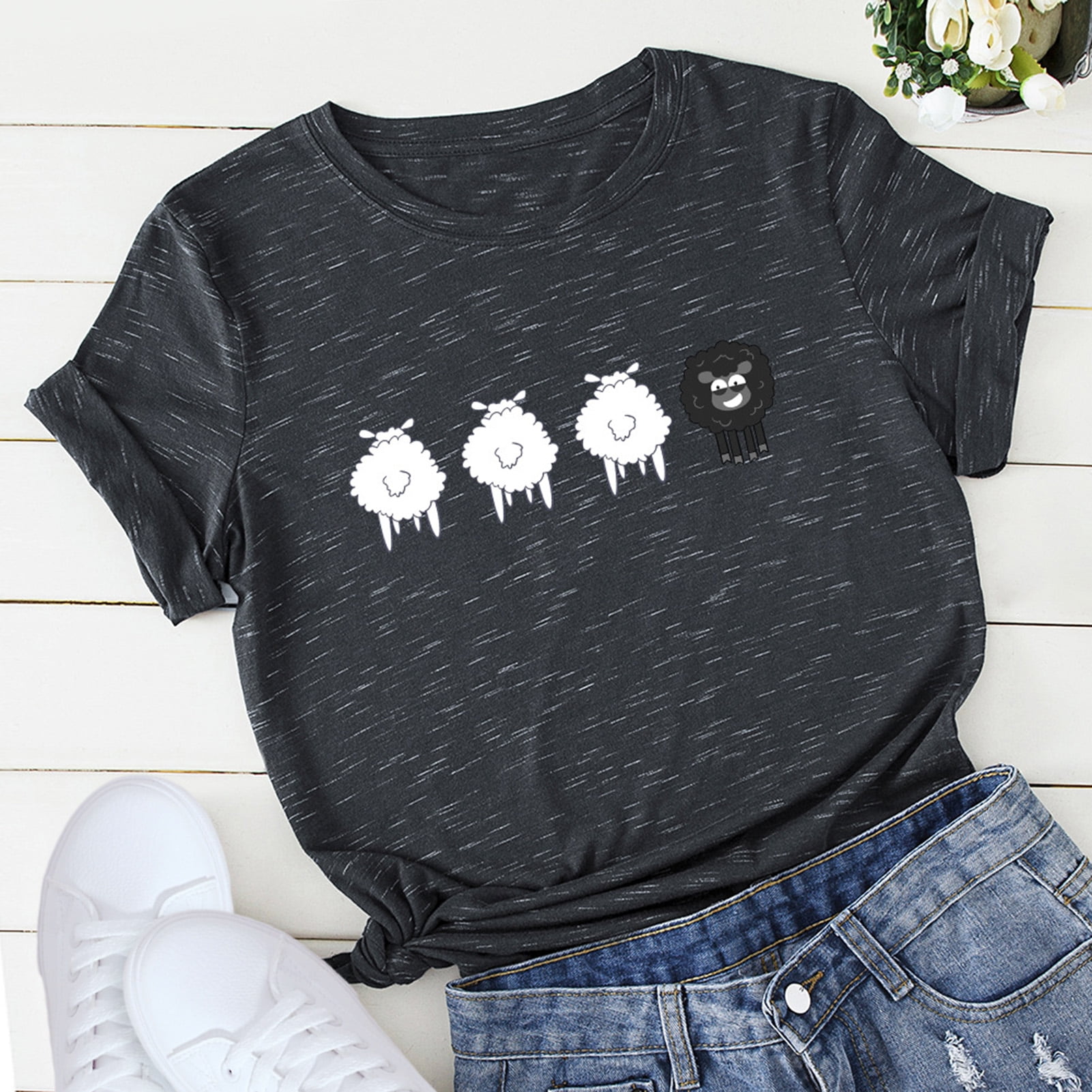 Cute Sheeps Group Hot Womens Short Sleeve Tops Loose Casual T-Shirt Blouses for Girl