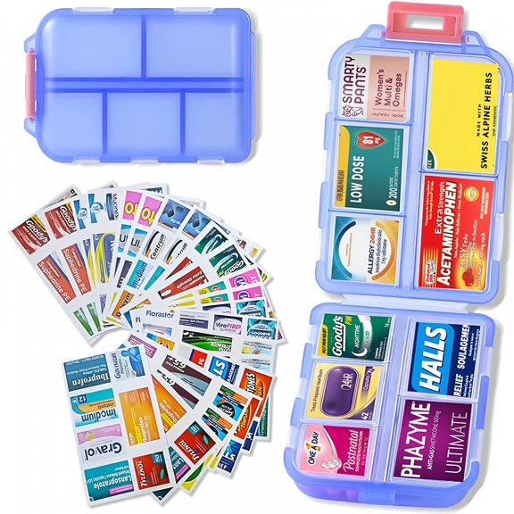 ACDANC Large Pill Organizer with Medicine Labels Travel Daily Pill Container Mini Medication Organizer with Labels Travel Daily Container Organizer Storage Organizer Travel Case 7 Day Organizer