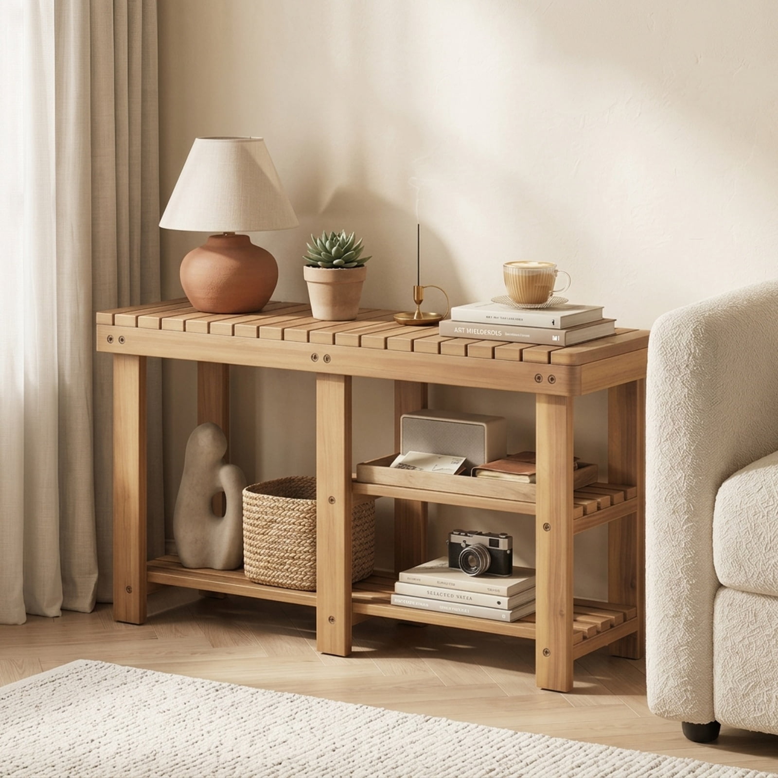 Furnibear 3 Tier Solid Wood Shoe Rack Bench with Slatted Shelves for Entryway Hallway and Living Room Shoe Storage Large Size, Natural