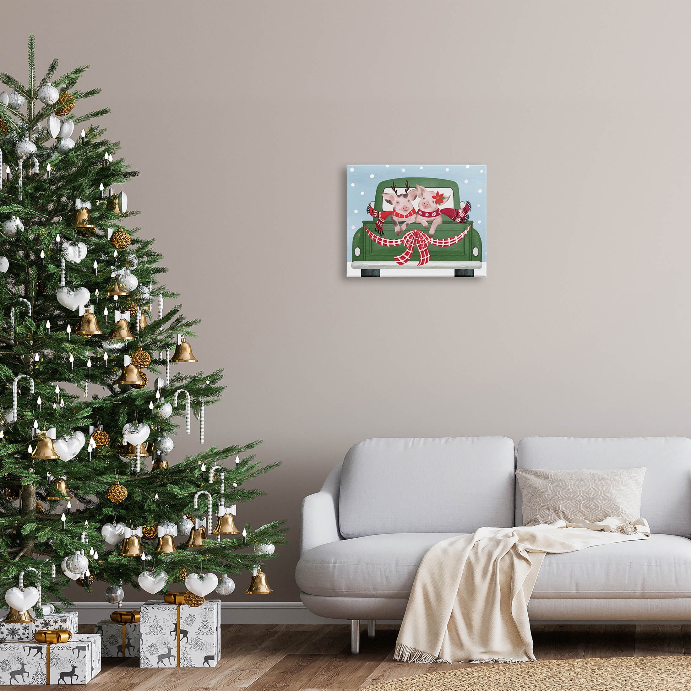 Farmhouse Pigs Green Holiday Truck Holiday Graphic Art Gallery Wrapped Canvas Print Wall Art