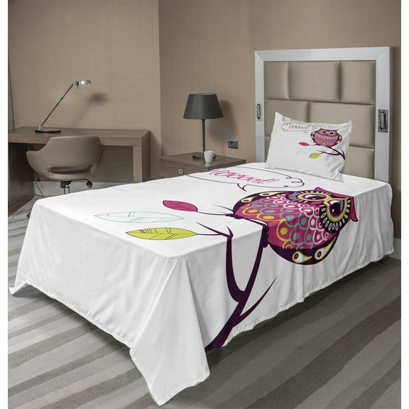 Ambesonne Owl Fitted & Top Sheet Set with Sham, Ornate Animal on Branch, Pink Purple White