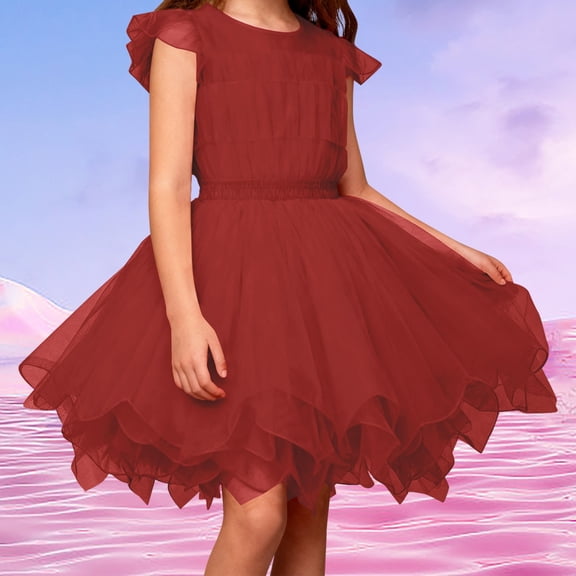 ZHOGXU Big Kids Girls Skirt Elastic Waist Solid Color Asymmetrical Layered Mesh Comfortable Stylish Tutu Skirts For Party And Stage Performance Brick Red One Size (Xs)