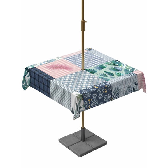 Square Outdoor Tablecloth with Umbrella Hole Tropical Plants Plaid Table Cloth Waterproof Patio Table Cover Summer Palm Leaf Checkered Blue Pink Zipper Tablecloths for Picnic Camping 54x54 Inch