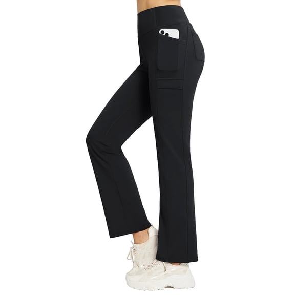 BALEAF Women's Fleece Lined Pants Yoga Pants Warm Thermal Winter High Waisted Straight Leg Leggings with 6 Pockets Black M