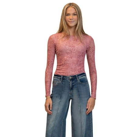 Juniors' madden girl Long Sleeve Mesh Top Color: Rose Mauve Combo Size: X SMALL